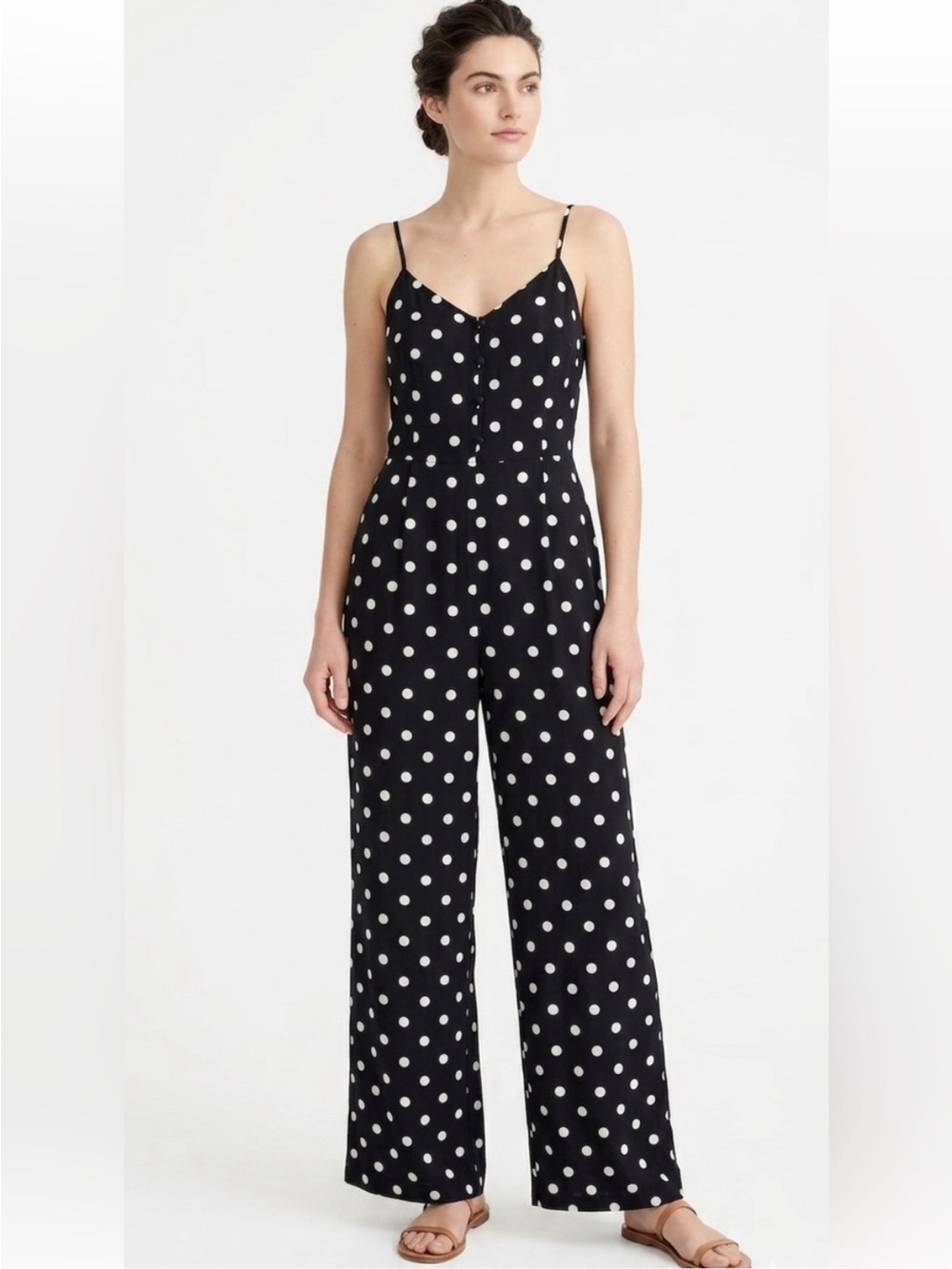 J. Crew Black White Polka Dot Jumpsuit Spaghetti Straps Smocked Back size 4